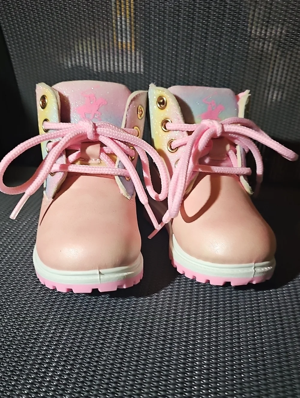 Nwot Beverly Hills Polo Club Pink Lace-Up Kids Ankle Boots with Rainbow Collar